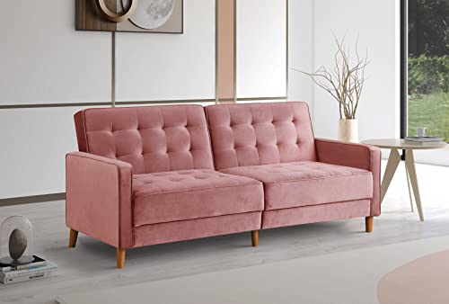 Msaleen Futon Sofa Bed Velvet Tufted – Convertible Sleeper Sofa Velvet Loveseat Tufted Reclining Couch Sofabed For Living Room, Furniture Mid-Century Modern Recliner Sofas For Room - Pink #TOP13