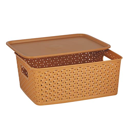 Image of Ski Homeware H5 Fashion Multipurpose Storage Basket With Lid Use for Kitchen, Vegetables, Toys, Books, Office, Stationery, Utility, Cosmetics, Accessories, Closet, Wardrobe Set 3 (Large, Light Brown)