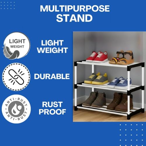 Image of Shoe Rack 3 Layer with Shelf, Thick Strong Pipes for Heavy Load Multipurpose Organizer Rack Shoe, Cloth & Book Storage Shelf for Home, Balcony, Living Room & Workspace