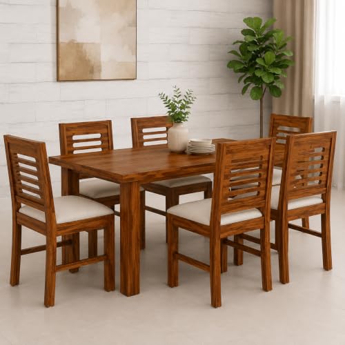 Image of Solid Sheesham Wood 6 Seater Dining Table Set for Home & Kitchen | Teak Finish Dining Set with 6 Cushioned Chairs | Table Size 57 x 30 x 29 Inch | Chair Size 17 x 17 x 35 Inch