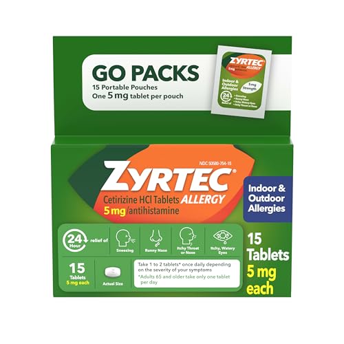Zyrtec 24 Hour Allergy Relief Tablets Indoor & Outdoor Allergy Medicine 5 mg Cetirizine HCl per Antihistamine Tablet Relief from Runny Nose & More Individual Travel Pouches 1 x 15 ct