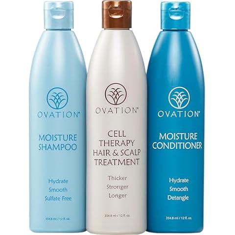 Ovation Hair Moisturizing 3-Step System - with Moisture Shampoo, Conditioner, and Cell Therapy Growth & Scalp Treatment - Nourish, Smooth, Detangle, & Hydrate Brittle Locks Cover
