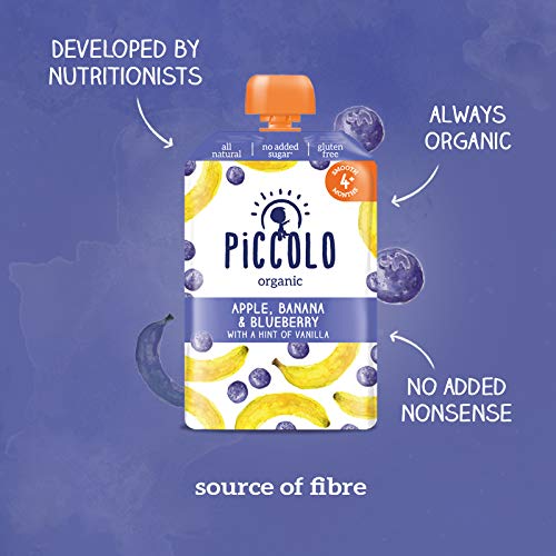 Piccolo Organic - Baby Food - Baby Food 4 Months+ Apple, Banana & Blueberry Puree – Pack of 5 x 100g – Stage 1 Baby Food Pouches - Gluten Free & Dairy Free