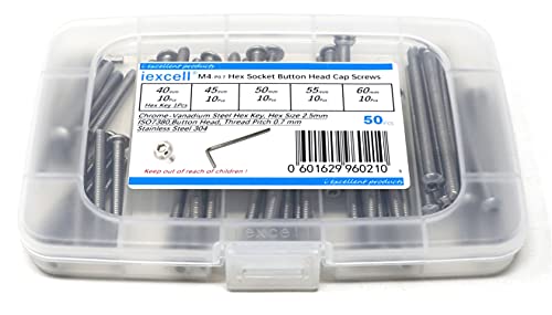 iexcell 50 Pcs M4 x 40/45/50/55/60 Stainless Steel 304 Hex Socket Button Head Cap Screws Bolts Assortment Kit