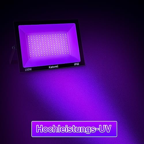 Katomi 100W Schwarzlicht-Strahler aus Aluminiumlegierung, Wellenlänge 385-400NM Schwarzlichtlampe, IP66 Wasserdichter UV-Fluter für Fluoreszierende Poster, Malerei, Halloween,GLOW-Neon-Partys