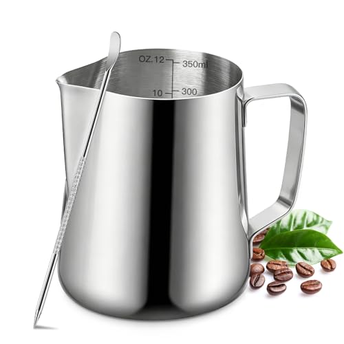 Milk Frothing Pitcher, 350ml/12oz Milk Frother Cup Stainless Steel Jug Steaming Pitcher, Milk Coffee...