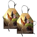 Lunarable Country Apron Pack of 2, Farm Barn Yard Image Rooster Animal Early Bird Nature and Rising Sun Print, Unisex Kitchen Bib with Adjustable Neck, 2 Pcs - Adult Size, Brown Red