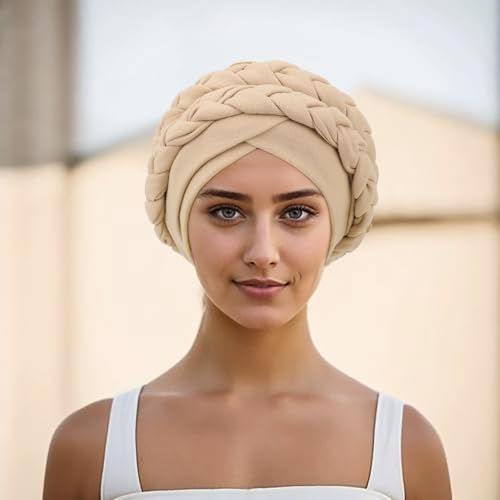 Image of DRESHOW African Women Turban Caps Cotton Beanie Twist Headscarf Pre-Tied Double Twisted Braids Wrap Hat Chemo Cancer Cap