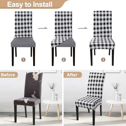 Image of SearchI Printed Dining Room Chair Covers Set of 6, Stretch Kitchen Chair Covers Washable Parsons Chair Slipcover Removable Dining Chair Protectors for Hotel,Ceremony(Black /White Plaid)
