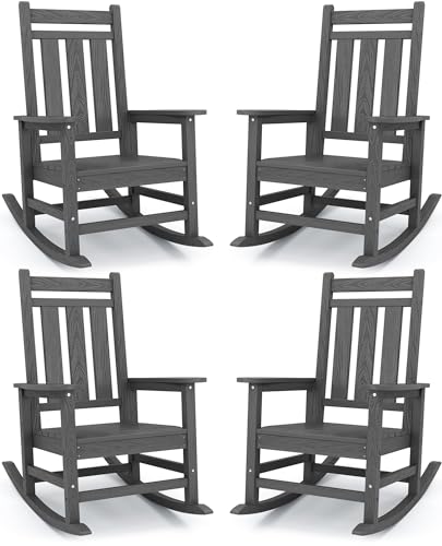 Image of KINGYES Oversized Outdoor Rocking Chair Set of 4, HDPE Patio Rockers, Gray