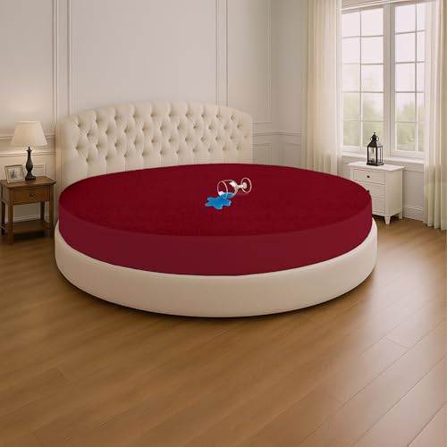 SGI Bedding Waterproof Round Mattress Protector 76" Diameter– 15" Deep Pocket Fitted Style Terry Cotton Mattress Pad Cover, Soft, Breathable & Noiseless, Spills & Stains Bed Protection – Burgundy