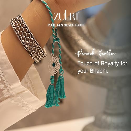 Image of 92.5 Sterling Silver Peacock Feather with Stone Thread Rakhi For Rakshabandhan | Rakhi With Fragrance Greeting Card & Roli Chawal and Silver Certificate of Authenticity