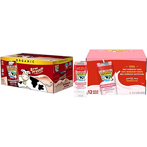 Horizon Organic, Lowfat Organic Milk Box, Strawberry, 8 Fl. Oz (Pack of 18), Shelf Stable Organic Strawberry Flavored Lowfat Milk & Low Fat Organic Milk Box, Strawberry, 8 Ounce (Pack of 12)