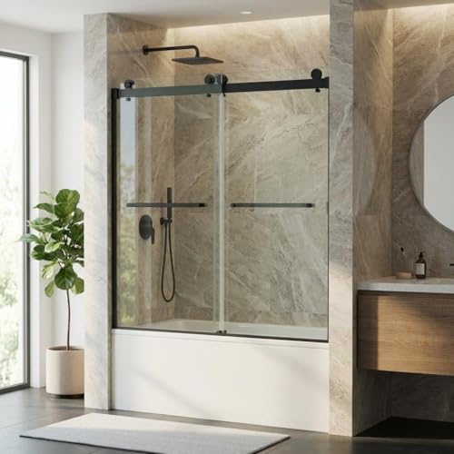 Image of 60 inch x 59 inch Dual Sliding Bathtub Door, 1 /4 inch (6mm) Tempered Glass with Brushed Nickel Finish, Stainless Steel Square Track, Bypass Tub Shower Door for Bathroom Remodel, Matte Black