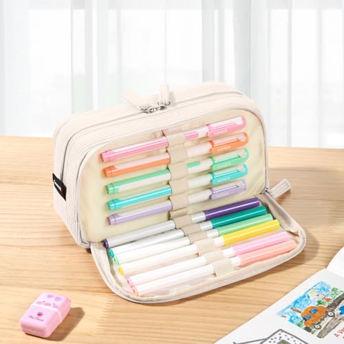 Image of Sooez Big Capacity Pencil Case Pen Pouch, Soft Corduroy Pencil Bag with 3 Compartment, Multiple Pockets, Sturdy Zipper, Cute School Supplies Pen Bag Organizer For Teen Girls College, Beige