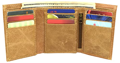 MARSHAL RFID Blocking Men's Cowhide Leather Outside ID Credit Card Holder Trifold Tan Wallet2