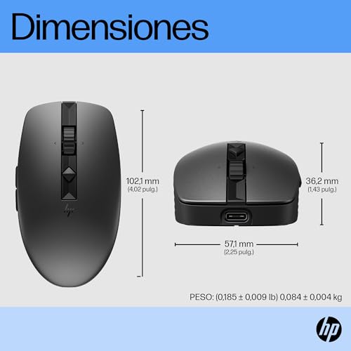 HP Souris 710 | Rechargeable Via USB-C | 6 Boutons | 3 000 DPI | Silencieux | Jusqu'à 90 Jours d'autonomie | Dongle 2,4 GHz ou Bluetooth | 84 g | Noir