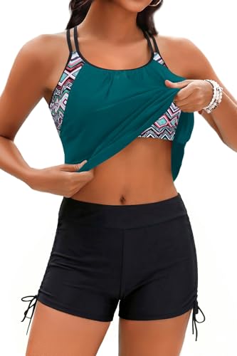 Image of Holipick Tankini Swimsuits Two Piece Tummy Control Bathing Suits Blouson Swim Tank Top with Boy Shorts