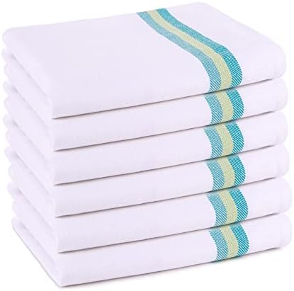 Pagnanno Tea Towels, Soft and Absorbent  Multi Pack of Large Classic Herringbone Weave, Lint Free, Cotton Kitchen Dish Towels 45x70 cm in White with blue, green and orange stripes (Assorted, 6)