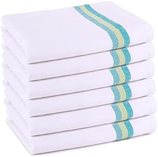 Pagnanno Tea Towels, Soft and Absorbent  Multi Pack of Large Classic Herringbone Weave, Lint Free, Cotton Kitchen Dish Towels 45x70 cm in White with blue, green and orange stripes (Assorted, 6)