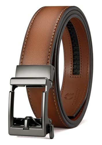 Image of Chaoren Leather Ratchet Belt 2 Pack Dress with Click Sliding Buckle 1 3 /8 inch in Gift Set Box - Adjustable Trim to Fit