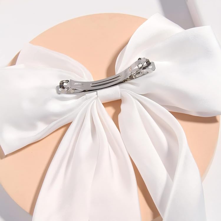 Image of FilterFashion Big Satin Layered Hair Bows for Women Girls 11.5 Inch Barrette Hair Clip Long Back Ribbon Bows French Style Hair Accessories (Yellow,White)