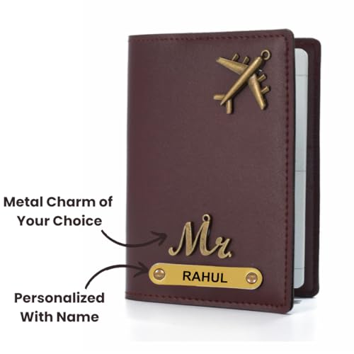 Image of ncgifts Personalised Leather Passport Holder with Custom Name & Charm - Handcrafted Travel Wallet Cover for Men & Women - Brown Genuine Leather Gift Set