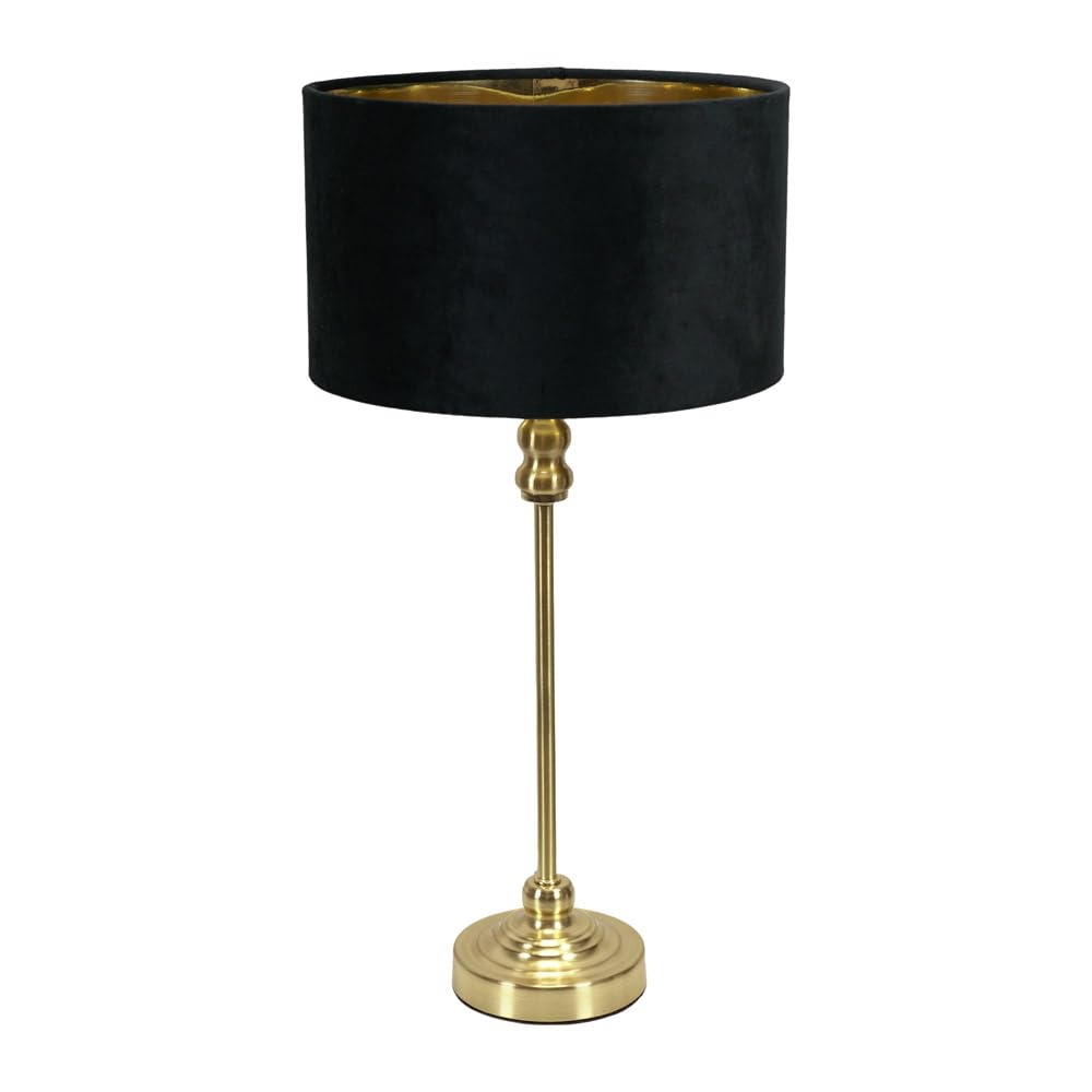 ValueLights Maggie Gold Candlestick Table Lamp with Velvet Drum with Gold Inner Shade & Bulb in Black