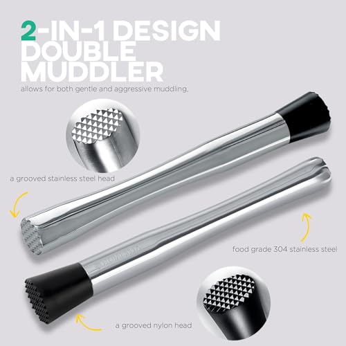 Homestia 2 in 1 Dual Ended Muddler for Cocktail, 10'' Stainless Steel Sturdy Cocktail kit for Fruit Bar Ice Crusher Muddler Tools Lemonade, Mixing Spoon Home Bar Tool Accessories for Drink (Silver