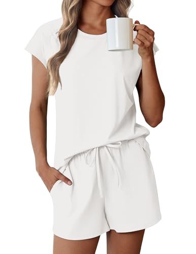 Image of Ekouaer Cotton Pajamas for Women Set 2 Piece Cap Sleeve Pjs Shorts Set Lounge Sets Sleepwear S-XXL