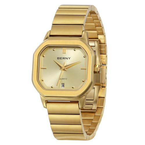 Image of BERNY Gold Watch Classic Square Men's Watch 3ATM Waterproof Analogue Quartz Watches Stainless Steel Strap Casual Watches, Gold, Bracelet