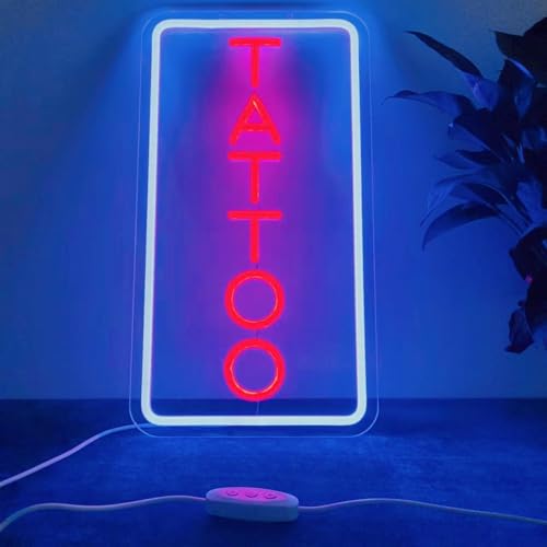 Image of Neon Tattoo Light,LED Arylic Tattoo Neon Sign for Tattoo Shop Door Wall Light up Decor,Reusable and Dimmable Tattoo Gifts for Tattoo Lover,Tattoo Decor Shop Sign Open,16x9In