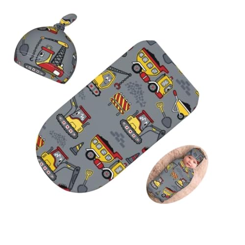 Image of Cute Construction Truck Newborn Swaddling Blanket Beanie Hat Sets Soft Baby Receiving Engineering Vehicle Blanket Soft Sleeping Bag New Born Soft Sleep Sacks for Boys Girls