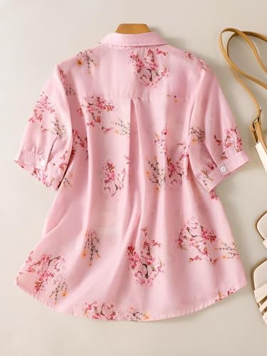Image of Gufrina Women's Pink Floral Printed Button Down Western Shirt with Collared Neck and Half Sleeves in Relaxed Fit Style