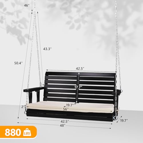 Image of VINGLI 4 FT Heavy Duty Porch Swing with Cushion, 880 LBS Wooden, Black