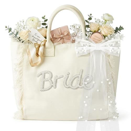 Bolso tote de lienzo para novia grande con lazo y flecos blancos miniatura 1