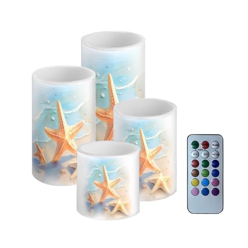 Image of Flameless Candles Battery Powered LED Pillar Candle Tealights with Remote Timer Color Changing Control for Indoor Outdoor Coastal Home Decor Set of 4, Beach Starfish Blue