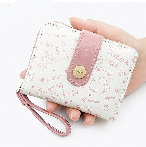Kawaii Cat Wallet for Women Girls Cute Cartoon Cat Zipper Around Coin Purse Card Holder with Buckle ID Card Slots (Pink)2