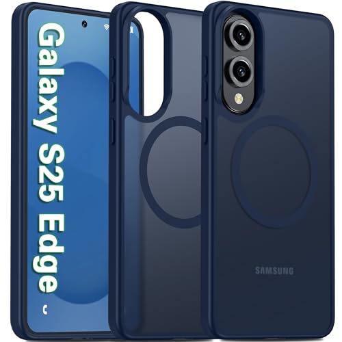 Image of Oterkin Magnetic for Samsung Galaxy S25 Edge Case Matte, S25 Edge Phone Case Compatible with MagSafe Frosted Translucent Shockproof Anti-Scratch Slim Fit Case Military Grade Protection (Dark Blue)
