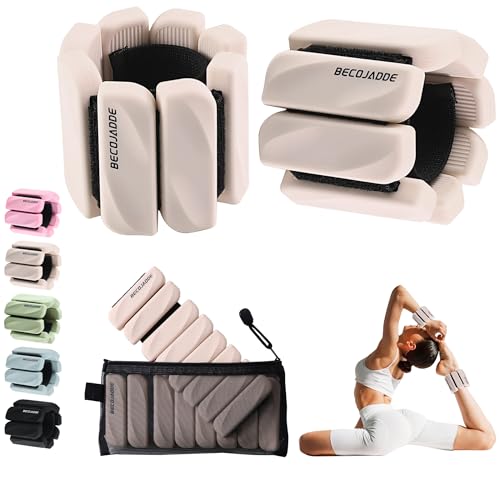 BECOJADDE Ankle Weights for Women Men Adjustable 1LB Wrist Weights Bracelet Set of 2 for Home Gym Weighted Bangles Wristbands Leg Arm Weights for Walking Swimming Running Pilates Yoga Gym, Beige