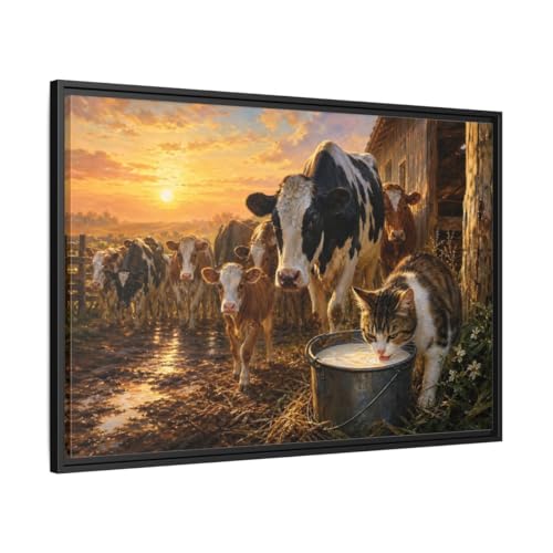 Tableau vache et chat cadre noir salon Toile animaux Golden Farm 90x60cm