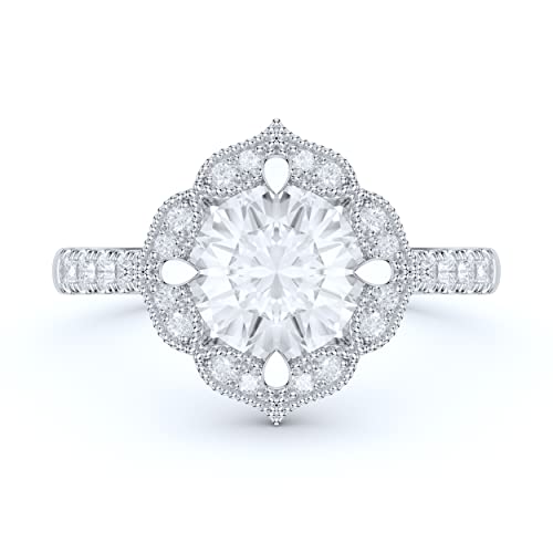 14k White Gold Vintage Milgrain Romantic Petals Halo 1.0 CT Simulated Diamond or Genuine Moissanite Engagement Ring2