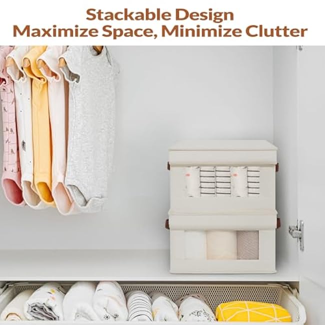 Fabric Storage Bins with Lids, Collapsible Closet Organizer with Sturdy Handles, Clear View Window, Stackable Storage Baskets for Clothes, Towels, Books, Hand Pull Closet Organizer Boxes-2-Pack, Beige