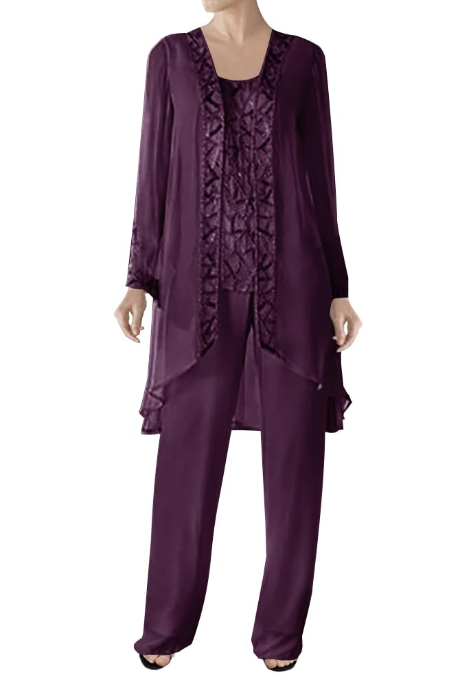 3 Pieces Mother of The Bride Dresses Pant Suits-Beaded Evening Formal Dress Chiffon Jacket Wedding Guest Groom Womens