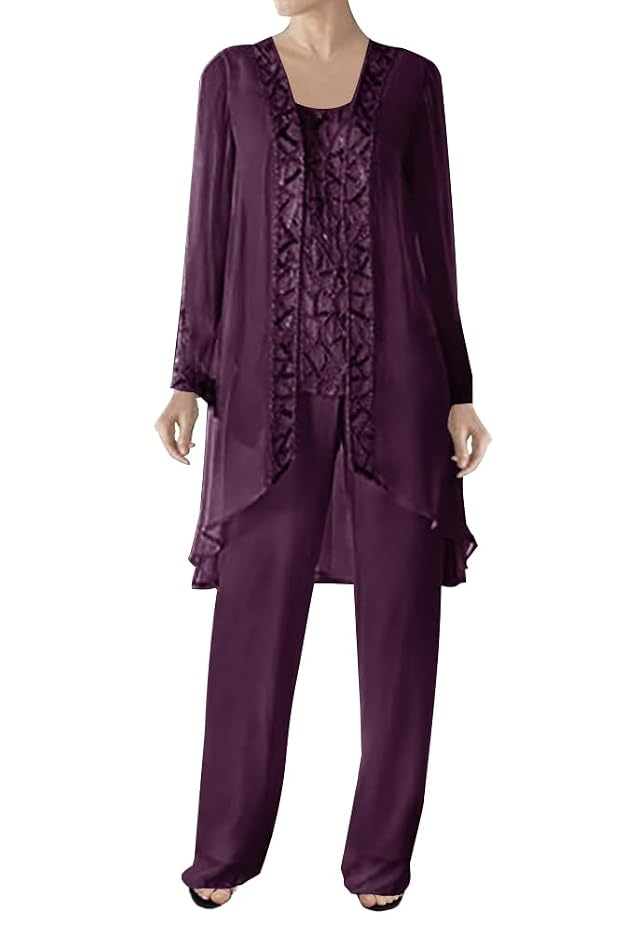 3 Pieces Mother of The Bride Dresses Pant Suits-Beaded Evening Formal Dress Chiffon Jacket Wedding Guest Groom Womens