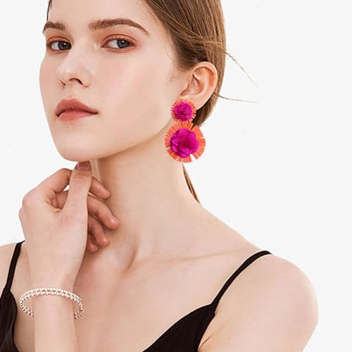 Colorful Rattan Earrings for Women Statement Boho Raffia Straw Wrapped Flower Drop Dangle Earrings Summer Tropical Beach Jewelry3