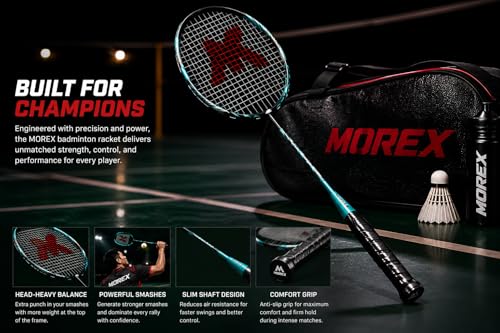 Image of Morex Carbon Graphite Badminton Racket with Full Cover Bag | Durable Carbon Shaft & Curve Frame for Better Sweet Spot & Smash Power | Ideal for Beginners & Advanced Players (Blue & Black)