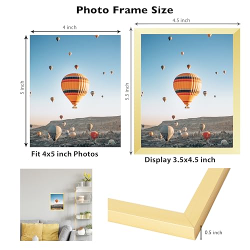Image of JCJMY 4x5 Picture Frame Gold for Wall Hanging or Tabletop, Wall Mounting Horizontally or Vertically, 4 x 5 Wall Gallery Poster Photo Frame with Shatter Resistant Plexiglass, Gold