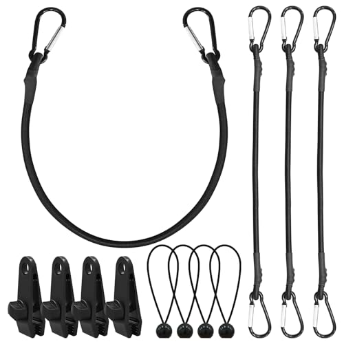 Bungee Cords with Hooks – 4pcs 60cm Heavy Duty Bungee Straps, 4pcs Tarp Clips & 4pcs Bungee Cord with Balls for Trunks, Camping Gear, Tarps, Trailers, DIY, Garden Furniture