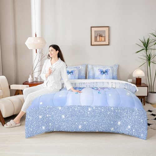 Image of Feelyou Butterfly Comforter Set with Sheets 7 Piece King Size Dreamy Princess Bedding Set for Kids Boys Girls Glitter Bed in a Bag Watercolor Butterflies Room Decor Soft Lightweight Microfiber